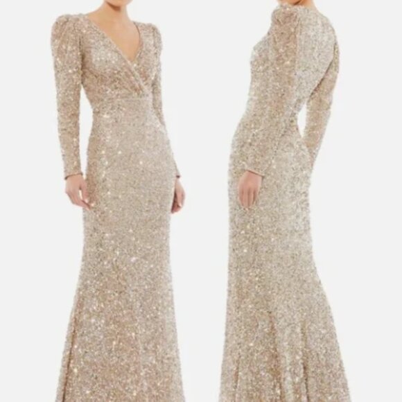 MAC DUGGAL 5510 PUFF SHOULDER SEQUINED SURPLICE SHIMMERING GOLD GOWN sz 8 - Picture 7 of 8